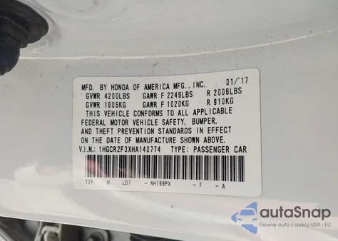 2017 Honda Accord Lx z USA, uszkodzony, nr VIN 1HGCR2F3XHA140774